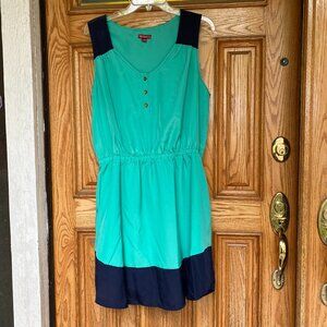 Teal and Navy Blue Sleeveless Dress with Pockets